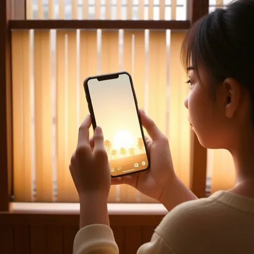 Prompt: Close-up, ((silhouette hand hold smartphone which showing Korean girl in monitor)) in morning sunshine scene, warm light through bamboo blinds, 100% isolate pastel more blur background.