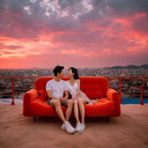 Prompt: <mymodel>A T-shirt Japanese couple portrait in Midjourney style,  kissing, detailed face, sit on Modern 
 red sofa, sunset