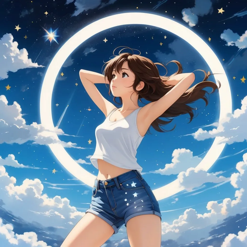 Prompt: A kawaii girl with brown hair and a white tank top is falling from the sky in a 2D flat cartoon style. She wears denim pants and is surrounded by star light that filters through the clouds in a circular shape. The Saturn is setting behind her. The style is inspired by Yoji Shinkawa, Jackson Pollock, Wojtek Fus, and Makoto Shinkai. The background is blue and has hard-brushstroke perspective. It is a digital art concept.
