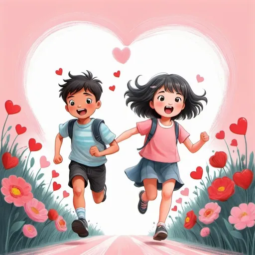 Prompt: happy hand-by-hand 2D kawaii couple is running out from attacking black giant broken hearts, little floral is foreground, cute mid-chalk-brushstroke outline cartoon, pastel style background