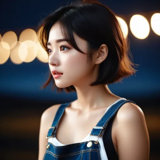 Prompt: (RAW photo, best quality, masterpiece, ultra-detailed, high res), (realistic),(extremely delicate and beautiful:1), mesmerizing side view portrait  of Korean cute girl's cry eyes, short dark hair, full lips, denim overall, worry  expression, The film grain isolated background, detailed features, reflecting lights, glimmering lights, expression of feelings, imaginative, highly detailed, extremely high-resolution details, photographic, realism pushed to extreme, fine texture, 4k, ultra-detailed, high quality, high contrast, wearing Tank top and have big chest, Westerland background
