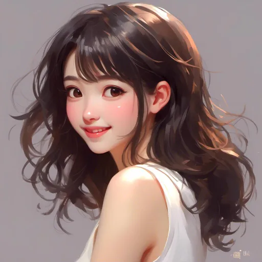 Prompt: <mymodel>A Asian girl portrait style, ...white tank top, smiling gross full lip, light skin, big eyes