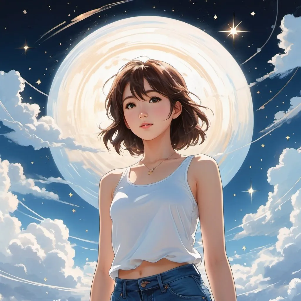 Prompt: A kawaii girl with brown hair and a white tank top is falling from the sky in a 2D flat cartoon style. She wears denim pants and is surrounded by star light that filters through the clouds in a circular shape. The Saturn is setting behind her. The style is inspired by Yoji Shinkawa, Jackson Pollock, Wojtek Fus, and Makoto Shinkai. The background is blue and has hard-brushstroke perspective. It is a digital art concept.

