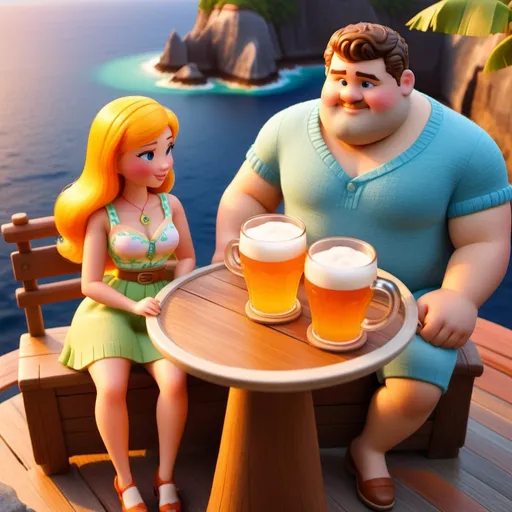 Prompt: Topview a summer fashion chubby couple drinking beer jug at Maldives bar, sunset scene, Cliff Childs, romanticism, high fabric detail, detail  face, Pixar style, a pastel wool felt doll illustration