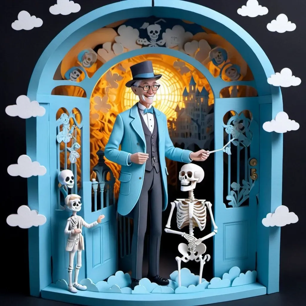 Prompt: <mymodel>A dapper elderly gentleman with a beaming smile holds his hat in hand as he gazes into the eyes of a complete human skeleton. They are surrounded by clouds near the gates of heaven, all depicted in a 3D Pixar-style felt doll aesthetic, bathed in a storybook-inspired light blue hue.