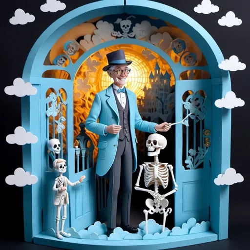 Prompt: <mymodel>A dapper elderly gentleman with a beaming smile holds his hat in hand as he gazes into the eyes of a complete human skeleton. They are surrounded by clouds near the gates of heaven, all depicted in a 3D Pixar-style felt doll aesthetic, bathed in a storybook-inspired light blue hue.