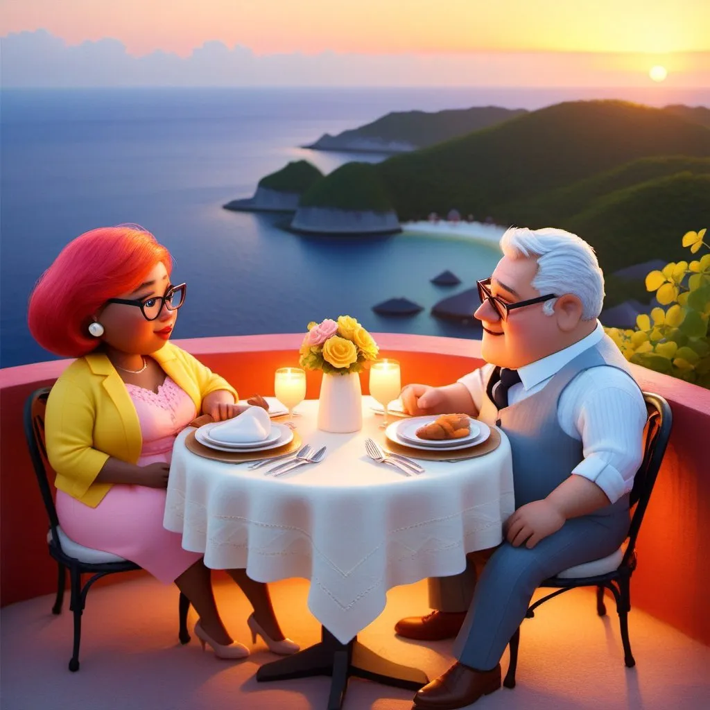 Prompt: Topview a fashionable couple of chubby elder dinner on Maldives rooftop, sunset scene, Cliff Childs, romanticism, high fabric detail, detail  face, Pixar style, a pastel wool felt doll illustration