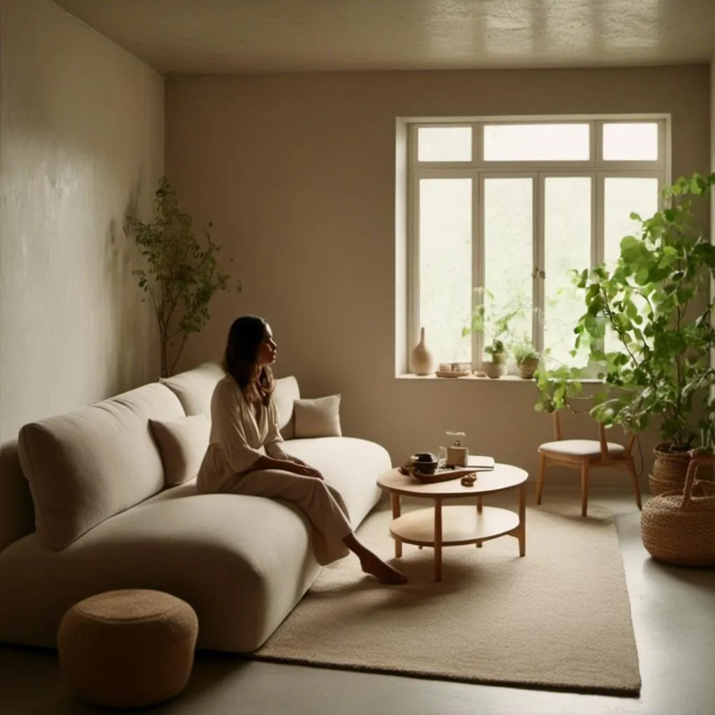 Prompt: <mymodel>Living room in the style of concrete modern house, Midjourney style, gross full lips cute Japanese girl sits on gross sofa, modern steel loft dark room