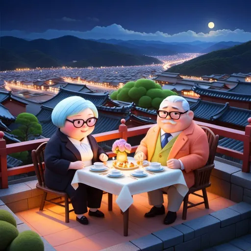 Prompt: Topview a fashionable couple of chubby elder dinner on Kyoto rooftop, night light scene, Cliff Childs, romanticism, high fabric detail, detail art face, 2D Pixar style, a pastel wool felt doll illustration