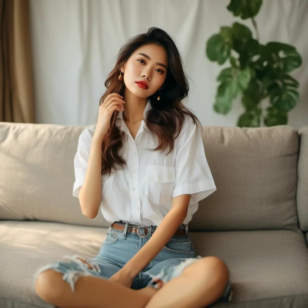 Prompt: <mymodel>A Thai woman portrait in Midjourney style, gross full lips, sneakers, sit on Modern sofa, AI gross office.