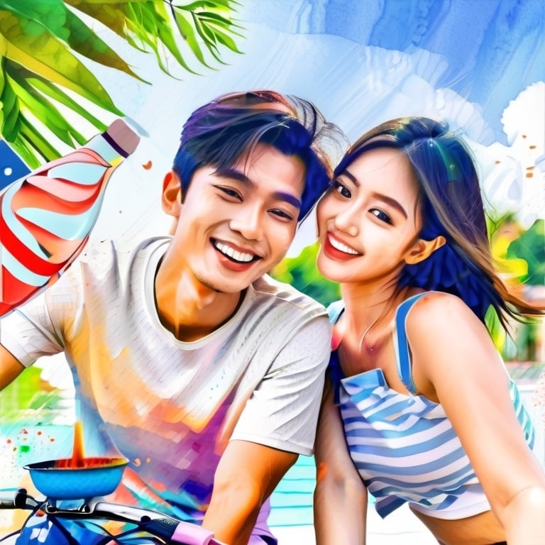 Prompt: <mymodel>An Asian couple selfie portrait in 2D watercolor Illustration Midjourney style, Songkran's' day Background, low resolution, best proportions, 8K