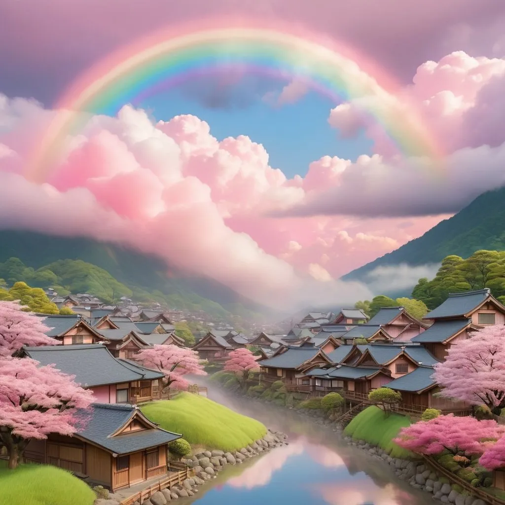 Prompt: Dreamlight Japanese pastel wood village valley on cloud, pink sky, big rainbow