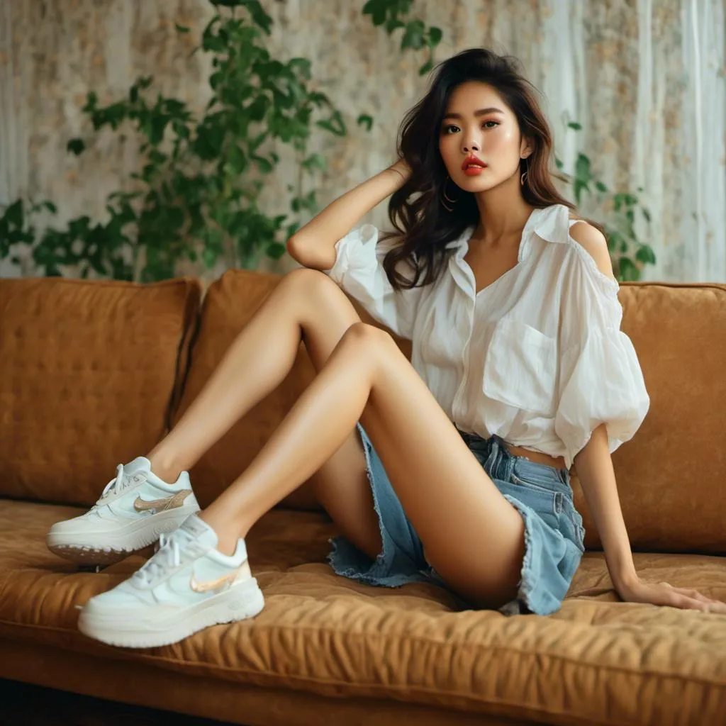 Prompt: <mymodel>A Thai woman portrait in Midjourney style, gross full lips, sneakers, sit on sofa