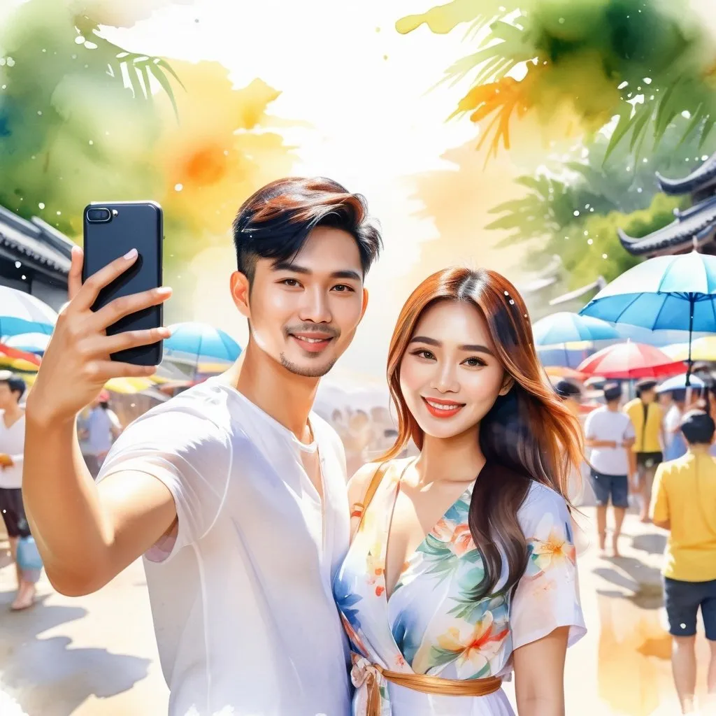 Prompt: <mymodel>An Asian couple selfie portrait in 2D watercolor Illustration Midjourney style, Songkran's' day Background, low resolution, best proportions, 8K