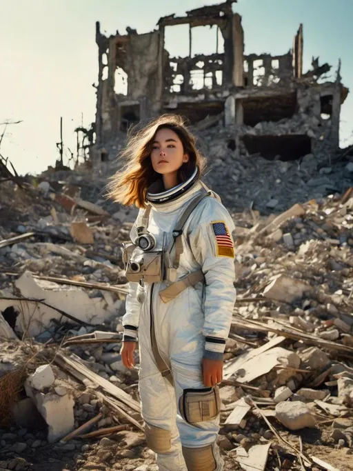 Prompt: <mymodel>A girl in a space suit and brown hair is plummeting from the sky in a 2D cartoon style. She clutches the last plant as she passes through the ruins of a world devastated by nuclear bombs. The fragments of the shattered earth are behind her. The style is influenced by Yoji Shinkawa, Jackson Pollock, Wojtek Fus, and Makoto Shinkai. The background is blue and has a rough-brushstroke perspective. It is a Midjourney digital art concept.

