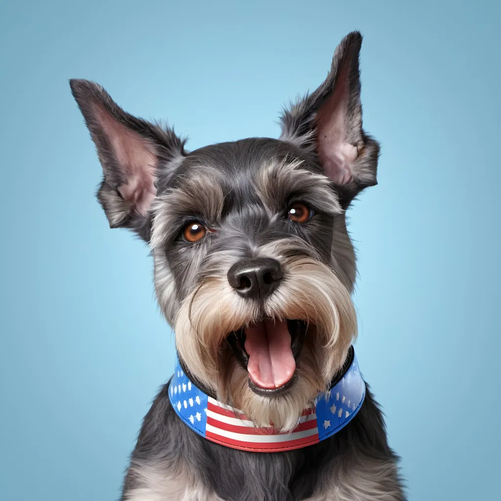 Prompt: 3D of cute Schnauzer head, yawn pose. 
The American flag collar, blue clear background