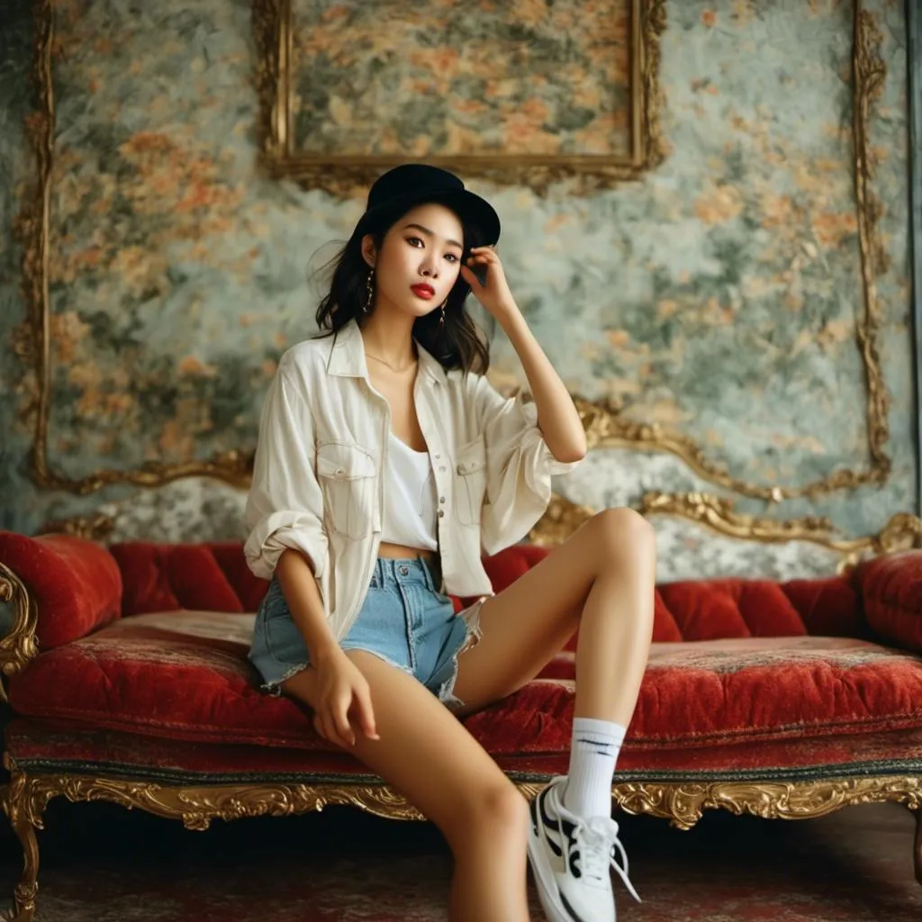 Prompt: <mymodel>A Thai woman portrait in Midjourney style, gross full lips, sneakers, sit on sofa