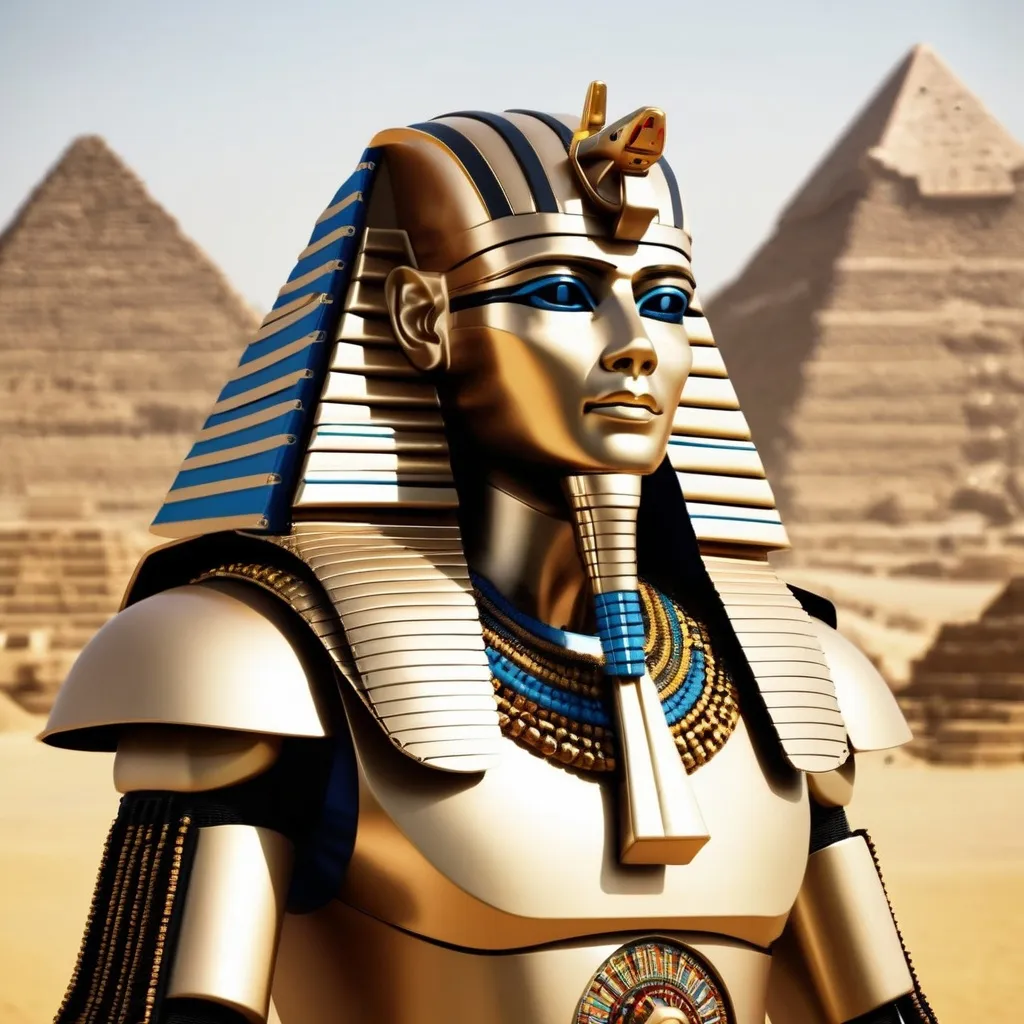Prompt: pharoh king portrait half robot depthof field cinematic lights bouqet pyramids background