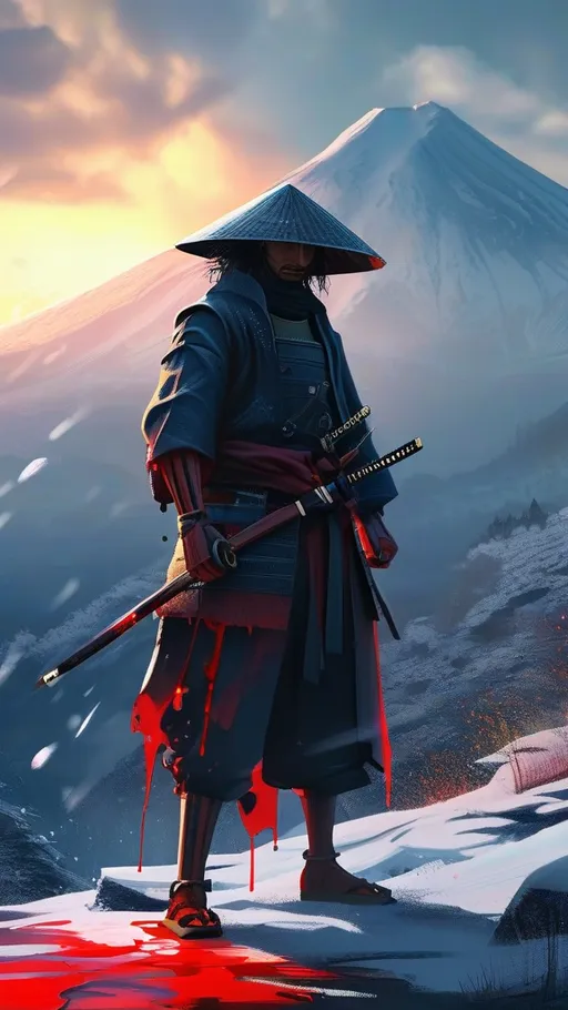 Prompt: a samurai warrior standing infront of snowy mountain with his sword in evening light  make it realistic his hand's is full of blood 