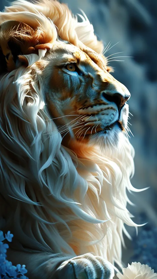 Prompt: majestic lion with (marble flower print) on skin, elegant blend of white with (blue flowers), harmonious and artistic design, vibrant contrast, gentle expressions, regal demeanor, intricate details of floral patterns, soft lighting highlighting textures, (highly detailed) fur, dynamic composition, ethereal atmosphere, delicate feel, nature-inspired elegance, (HD, ultra-detailed).