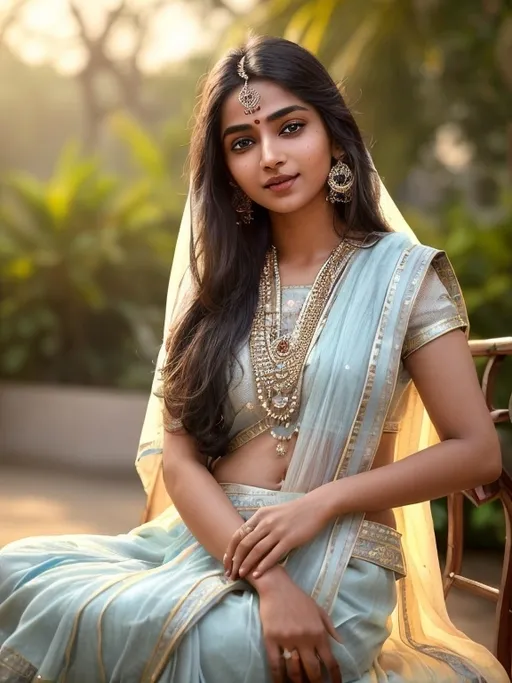 Prompt: (beautiful Indian girl with blue eyes), off-white skin tone, wearing a (casual party outfit), evening light, soft and warm glow, vibrant colors, high fashion elements, high detail, enchanting ambiance, playful and cheerful atmosphere, stylish pose, subtle smile, gracefully captured in an outdoor setting, (ultra-detailed), (4K) quality.