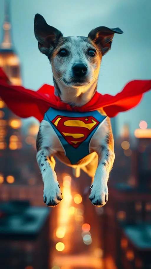 Prompt: Dog with superman outfit flying through city in the evening and in the background we can see skyscrapers 