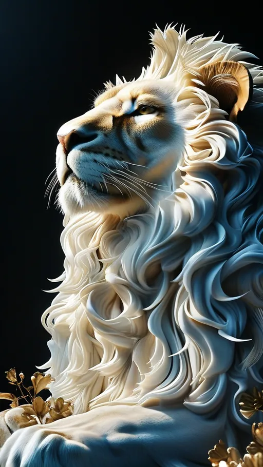 Prompt: majestic lion with (marble flower print) on skin, elegant blend of white with (blue flowers), harmonious and artistic design, vibrant contrast, gentle expressions, regal demeanor, intricate details of floral patterns, soft lighting highlighting textures, (highly detailed) fur, dynamic composition, ethereal atmosphere, delicate feel, nature-inspired elegance, (HD, ultra-detailed).