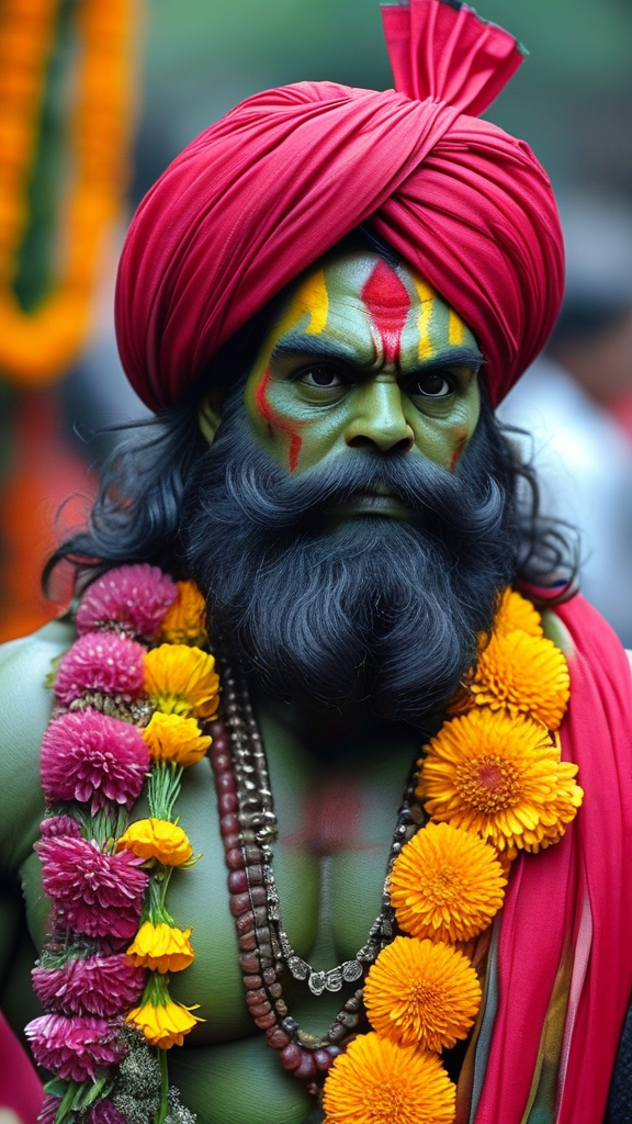 Prompt: Hulk is selling flowers in Mumbai street with indian outfit 