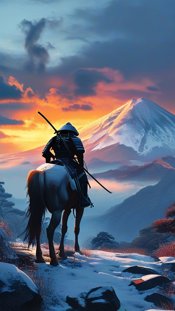 Prompt: a samurai warrior standing infront of snowy mountain with his sword in evening light, he is standing with his horse,make it realistic.