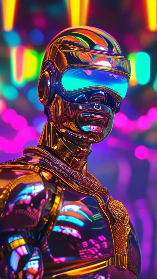 Prompt: Indian disco man (half human, half robot), dynamic dance pose, futuristic iron hand, robotic eyes, neon lights reflecting on metallic skin, vibrant colors illuminating a crowded club, pulsating atmosphere filled with energy, playful expressions, stylish disco attire, high-tech aesthetics, 4K resolution, ultra-detailed, lively ambiance celebrating the fusion of cultures and technology.