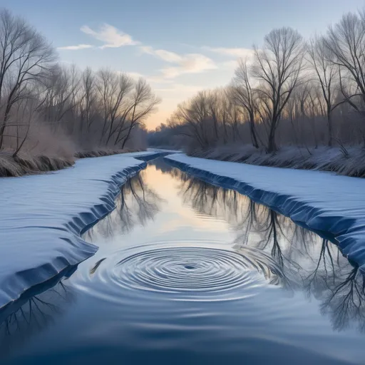 Prompt: The river reflects the cold, blue hues of the sky, with gentle ripples on its surface.