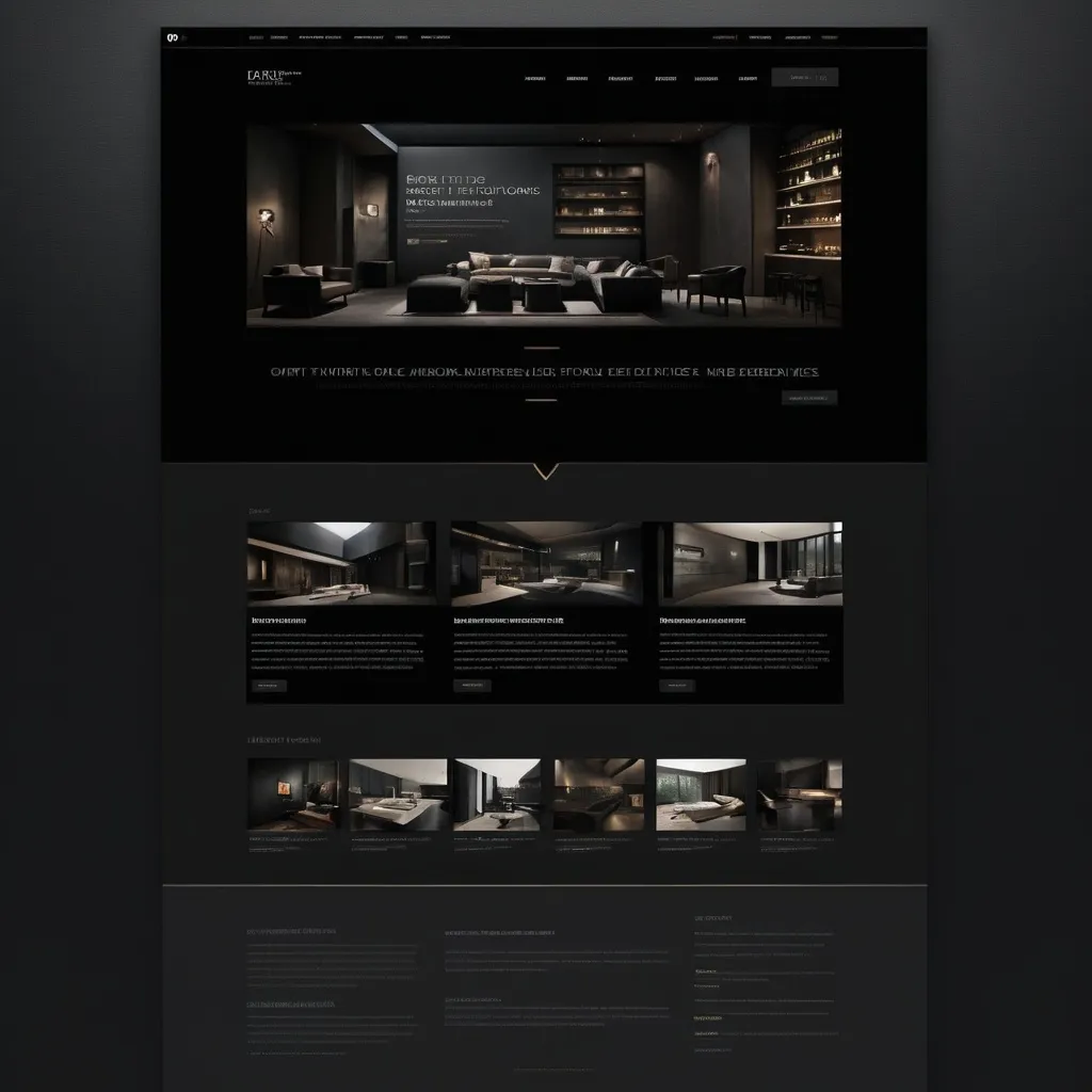 Prompt: (dark theme) website design, sleek and modern layout, incorporating (muted colors) with (high-contrast elements), interactive features suggested, visually striking aesthetics, user-friendly interface, showcasing smooth navigation, rich textures, moody ambiance, dim lighting reflective of the overarching theme, optimized for (high-quality visuals), engaging user experiences, appealing to a contemporary audience.