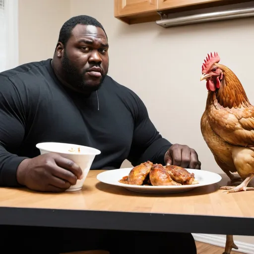 Prompt: big black guy named and is eating chicken and a chicken wants revenge



