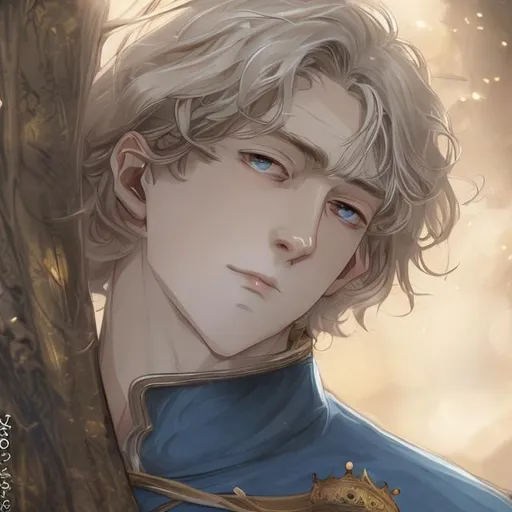 Prompt: Louis IX, Capétien scloak, handsome man, king crown, fantasy, fictional, blue eyes, long sleeved, fully clothed, gold hair, anime, clear