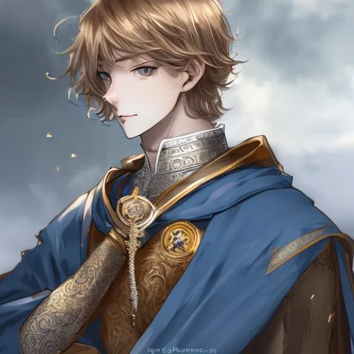 Prompt: Louis IX, Capétien scloak, handsome man,  king crown, fantasy, fictional, blue eyes, long sleeved, fully clothed, gold hair, anime, clear