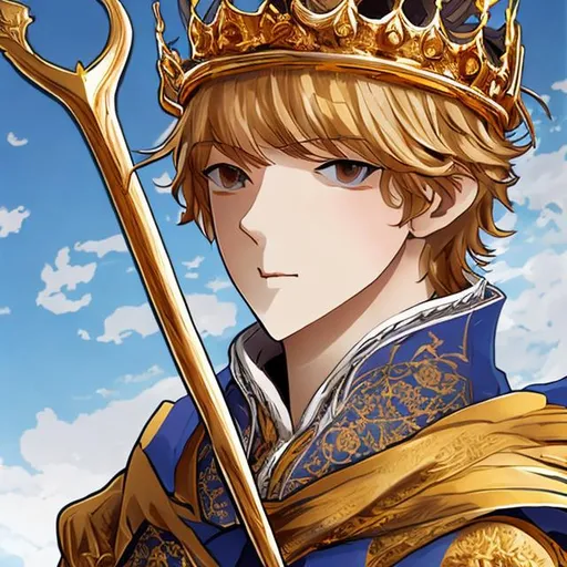 Prompt: Louis IX 
Capétien scloak
handsome man
anime
king crown
gold hair