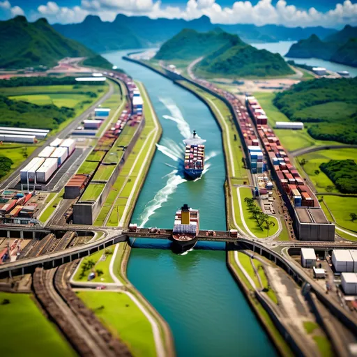 Prompt: A DIY themed Panama Canal, intricate art, rich textures, tilt-shift, aeriel view, dynamic composition, high resolution, 90mm lens, macro photography, sharp focus, depth of field.