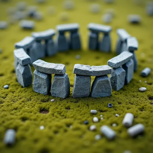 Prompt: soft felt themed UK's Stonehenge, intricate art, rich textures, tilt shift, isometric miniature, aerial view, dynamic composition, immersive atmosphere, 135mm lens, macro photo, sharp focus, depth of field, ultra high detailed. 