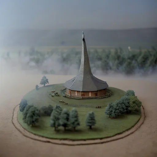 Prompt: Viking village, a cultivated plain in the valley with scots pine trees, english oak trees, tumulus, diorama by Odd Nerdrum, 125mm lens, depth of field, dof, tilt shift masterpiece, mist, fog, haze, lens flares.