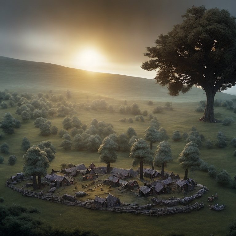 Prompt: Viking village, a cultivated plain in the valley with scots pine trees, english oak trees, tumulus, diorama by Odd Nerdrum, 125mm lens, depth of field, dof, tilt shift masterpiece, mist, fog, haze, lens flares.