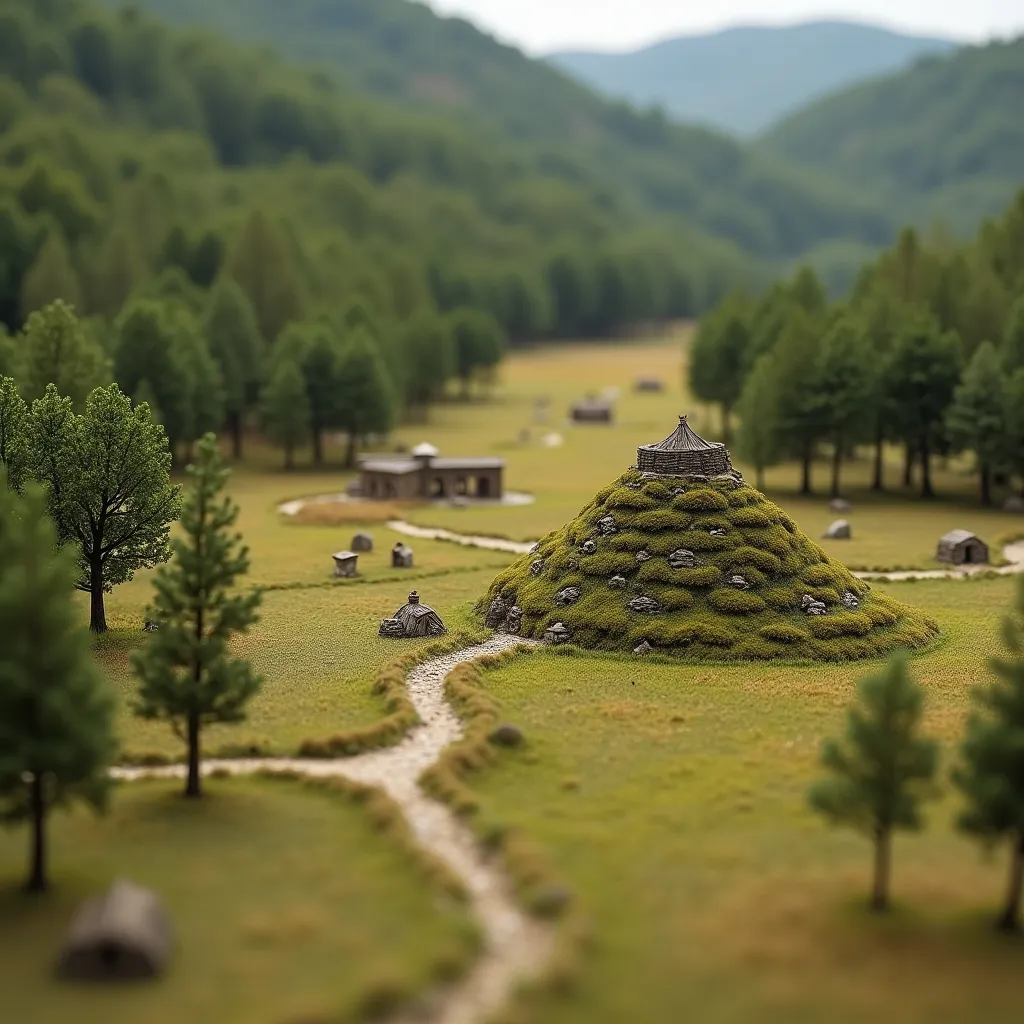 Prompt: Viking village, a cultivated plain in the valley with scots pine trees, english oak trees, tumulus, diorama by Carl Larsson, macro, photo, 125mm lens, depth of field, dof, tilt shift masterpiece.