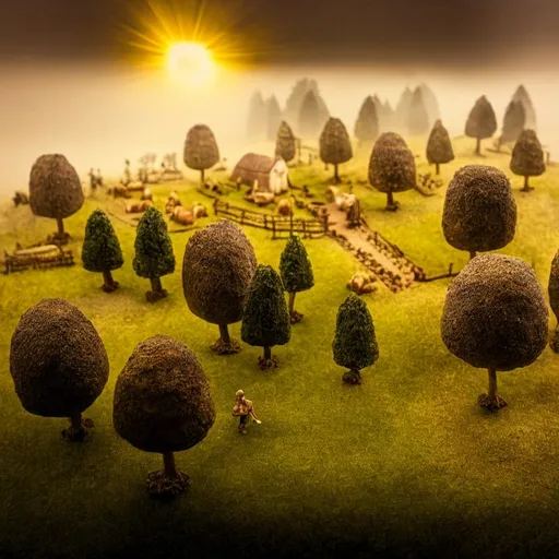 Prompt: Viking village, a cultivated plain in the valley with scots pine trees, english oak trees, tumulus, diorama by Odd Nerdrum, 125mm lens, depth of field, dof, tilt shift masterpiece, mist, fog, haze, lens flares.