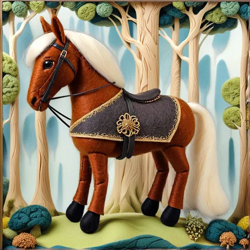 Prompt: A wool felt needled chestnut horse with medieval dark bridal and saddle in an Arthurian forest, fron view, intricate art, dynamic composition, high resolution, deph of field.