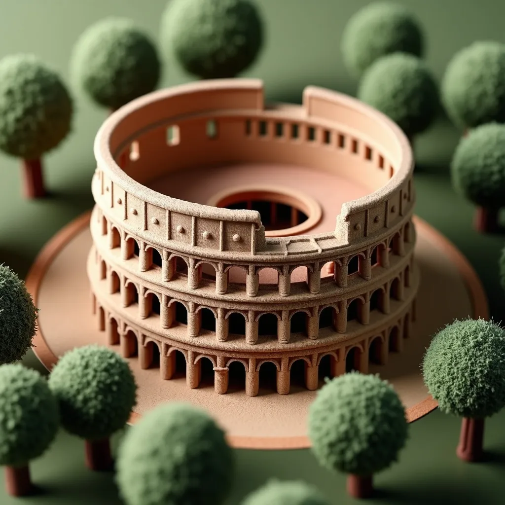 Prompt: soft felt themed Italy's Colosseum, intricate art, rich textures, tilt shift, isometric miniature, aerial view, dynamic composition, immersive atmosphere, 135mm lens, macro photo, sharp focus, depth of field, ultra high detailed. 