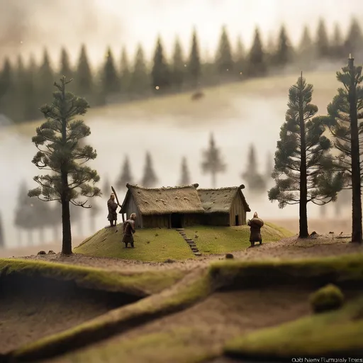 Prompt: Viking village, a cultivated plain in the valley with scots pine trees, english oak trees, tumulus, diorama by Odd Nerdrum, 125mm lens, depth of field, dof, tilt shift masterpiece, mist, fog, haze, lens flares.