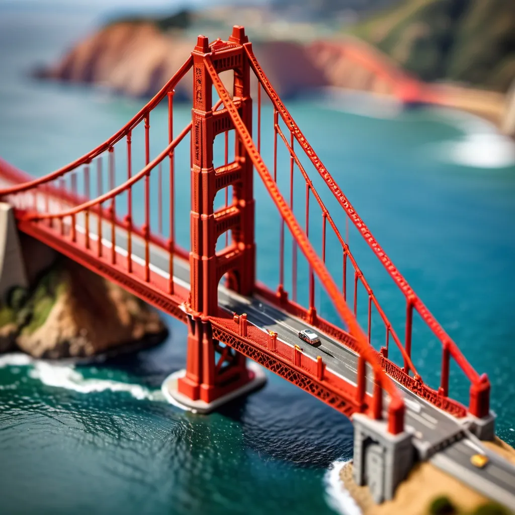 Prompt: A DIY themed Golden Gate Bridge, intricate art, rich textures, tilt-shift, aeriel view, dynamic composition, high resolution, 90mm lens, macro photography, sharp focus, depth of field.