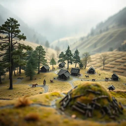 Prompt: Viking village, a cultivated plain in the valley with scots pine trees, english oak trees, tumulus, diorama by Odd Nerdrum, 125mm lens, depth of field, dof, tilt shift masterpiece, mist, fog, haze, lens flares.