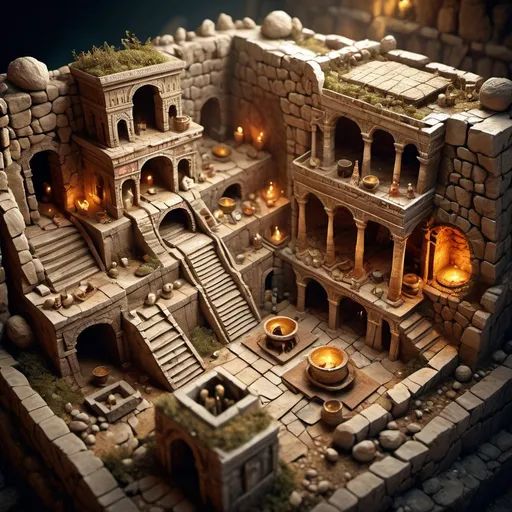 Prompt: Tears of the Kingdom themed catacombs of Kom El Shoqafa, tilt-shift, isometric miniature, intricate details, rich textures, dynamic composition, high resolution.