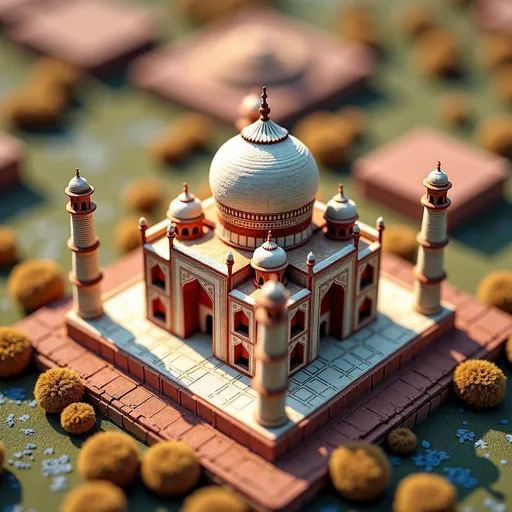 Prompt: soft felt themed India's Taj Mahal, intricate art, rich textures, tilt shift, isometric miniature, aerial view, dynamic composition, immersive atmosphere, 135mm lens, macro photo, sharp focus, depth of field, ultra high detailed. 