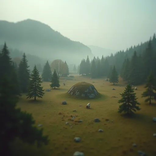 Prompt: Viking village, a cultivated plain in the valley with scots pine trees, english oak trees, tumulus, diorama by Odd Nerdrum, 125mm lens, depth of field, dof, tilt shift masterpiece, mist, fog, haze, lens flares.